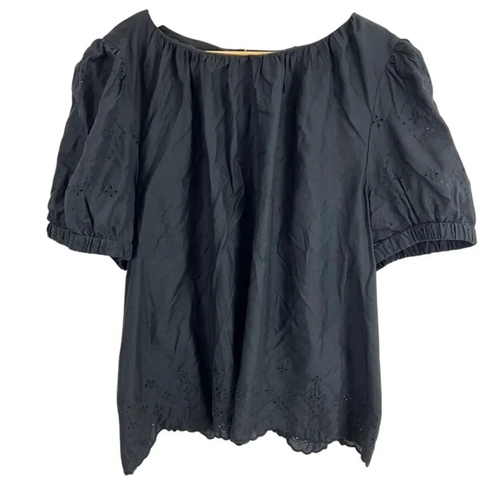 Old Navy Eyelet‎ Blouse Womens XXL Black Puff Sleeve Scallop Hem 656431-03-1